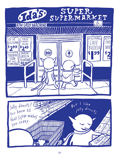 a blue and white two panel comic in which a cat wants jelly donuts and the human says that sugar makes the cat crazy
