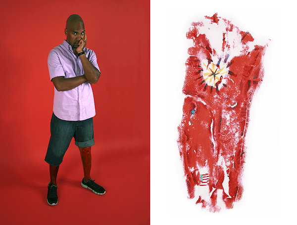 a black man holding a print of his scar with his leg coated in red paint