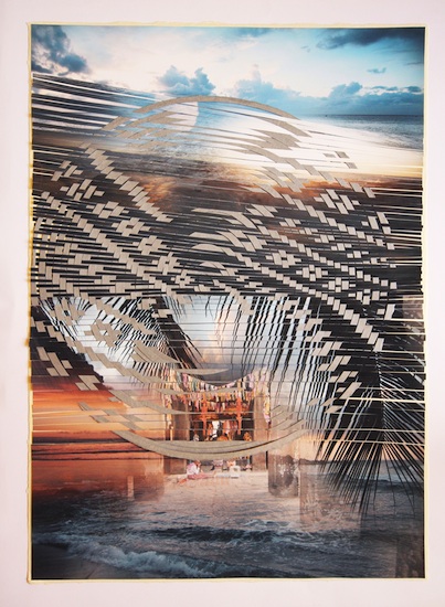 vertical photo of ocean and sky with woven insert in the middle