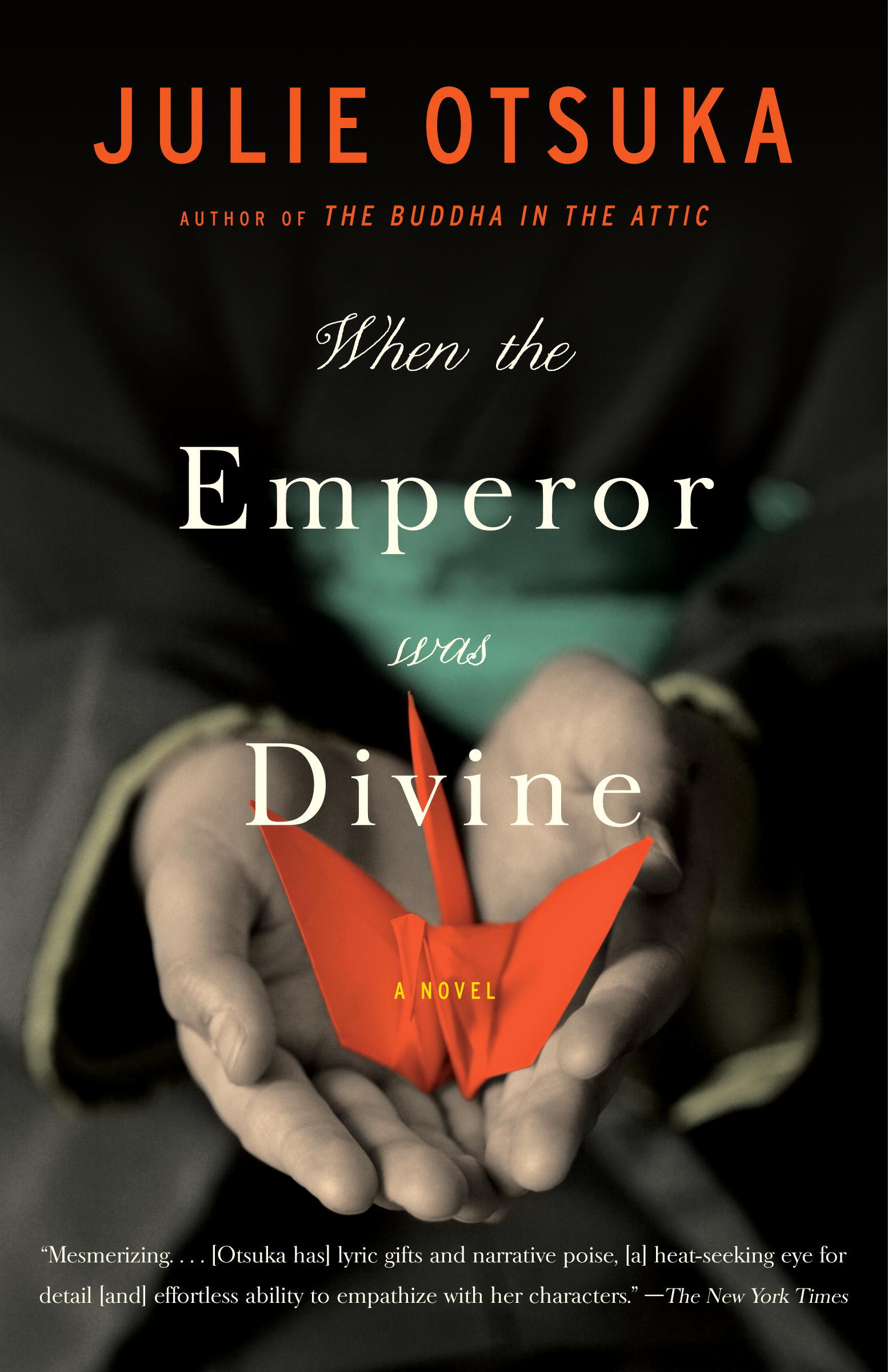 Book cover: author name in all caps orange, title in white against a background of two hands offering an orange origami bird