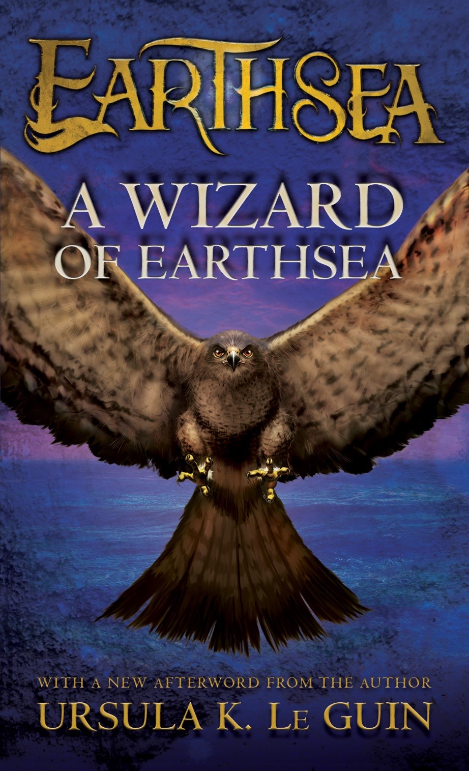 Large elaborate typeface for title and author and an illustration of a menacing eagle flying right towards the reader over a blue forbidding landscape