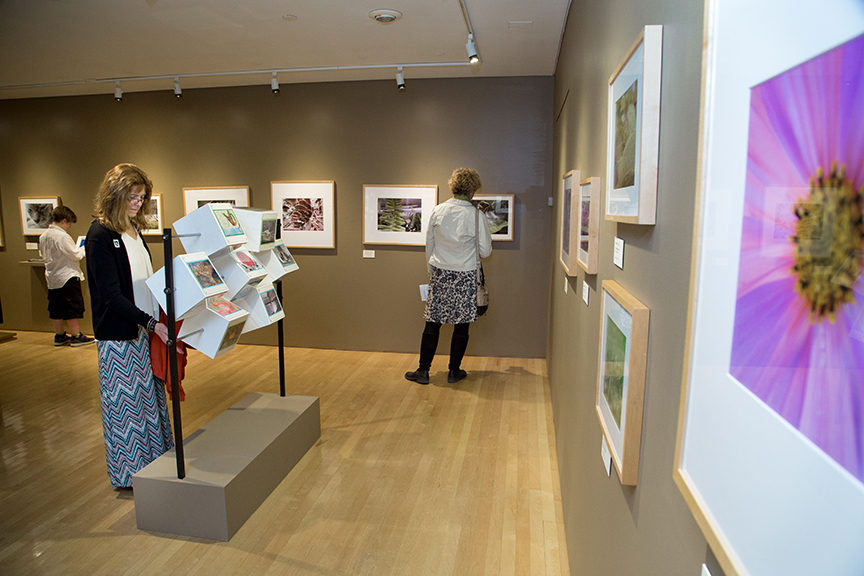 Visitors walking around a exhibition of paintings.