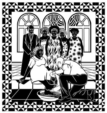 Black & white uilt with picture of a woman having her feet washed