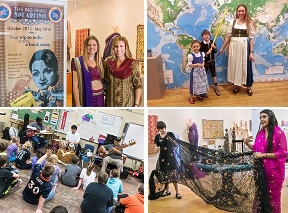 Four picture collage: two female event participants in saris; a teacher and two youngsters in front of a world map; students watching a sitar player; two women holding an open sari starting a wrapping demonstration