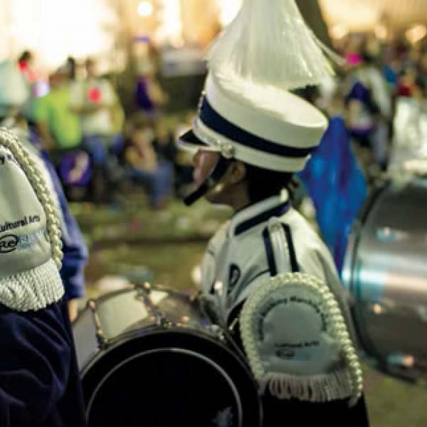 The Batiste Cultural Arts Academy Marching Band participating in its first Bacchus parade during Mardi Gras 2013. Photo by James Wanamaker