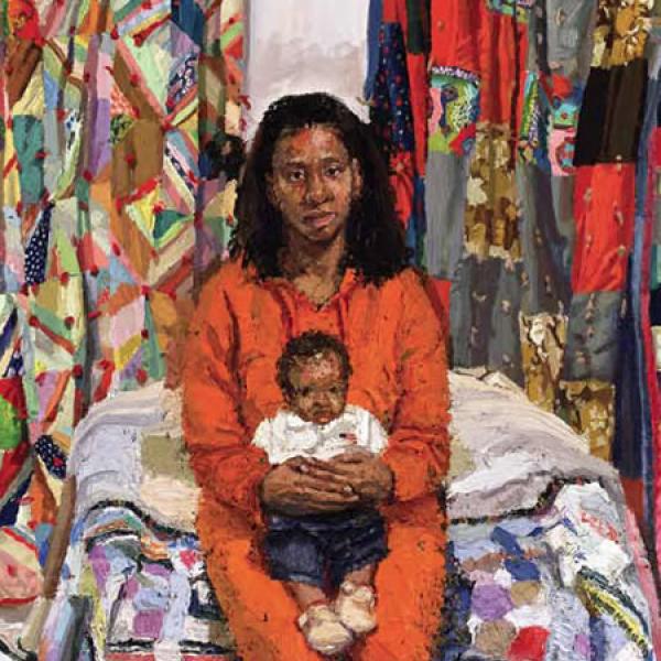 Large colorful painting of a mother on a quilted bed holding a small child in her lap. They stare straight at the viewer