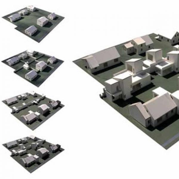 Group of modular backyard second units in "Sited in the Setback: Increasing Density in Levittown," a winning proposal by Meri Tepper from the Build a Better Burb competition. Sited in the Setback, from Designing Suburban Futures, Island Press, 2013