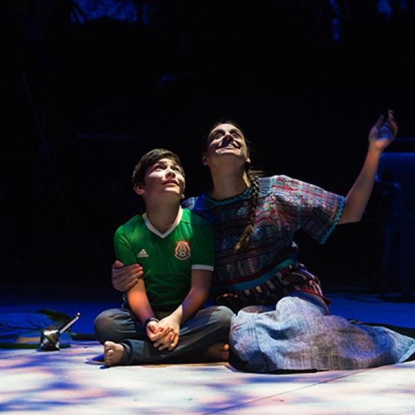 Two actors sit on the stage and look at the sky