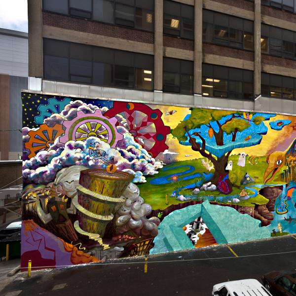 A brightly colored mural on a Philadelphia city wall