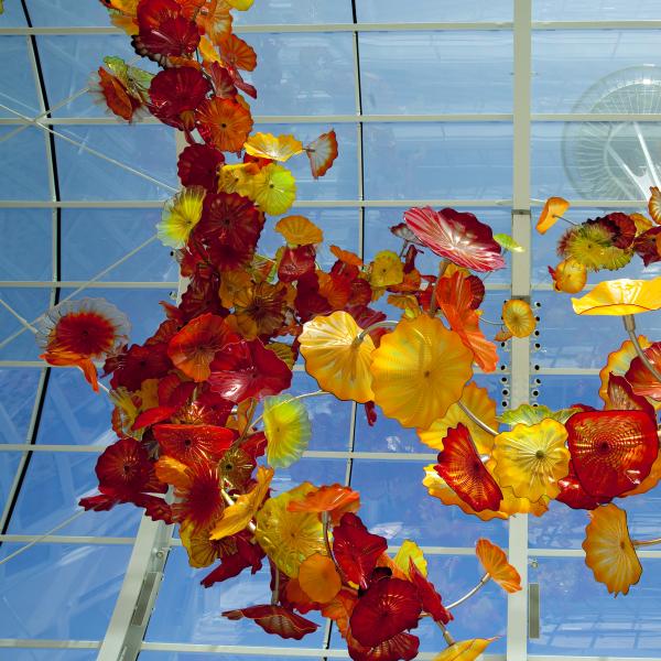 Glass structures hanging from ceiling. 