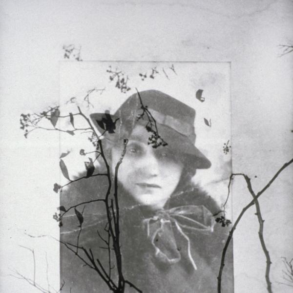 Photo of woman wearing hat with images of branches over it.