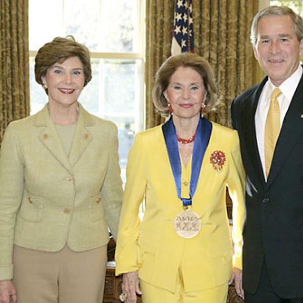 President Bush and Laura Bush with Cyd Charrise in the Oval Office
