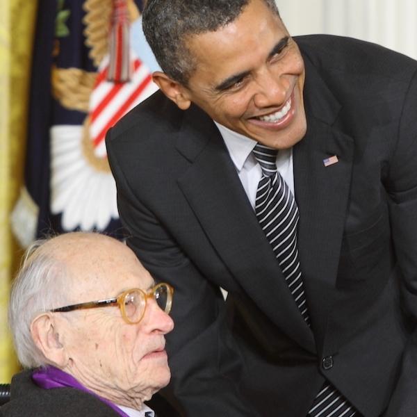 2011 National Medal of Arts recipient and painter/printmaker Will Barnet receives his medal from President Barack Obama at an East Room ceremony at the White House on February 13, 2012.