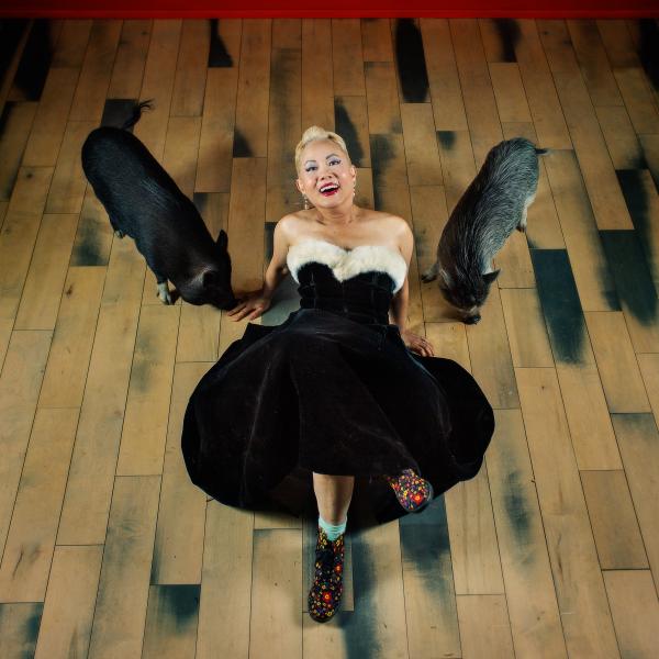 An Asian woman in a black velvet dress lying on the wooden floor with a pig on each side of her. 