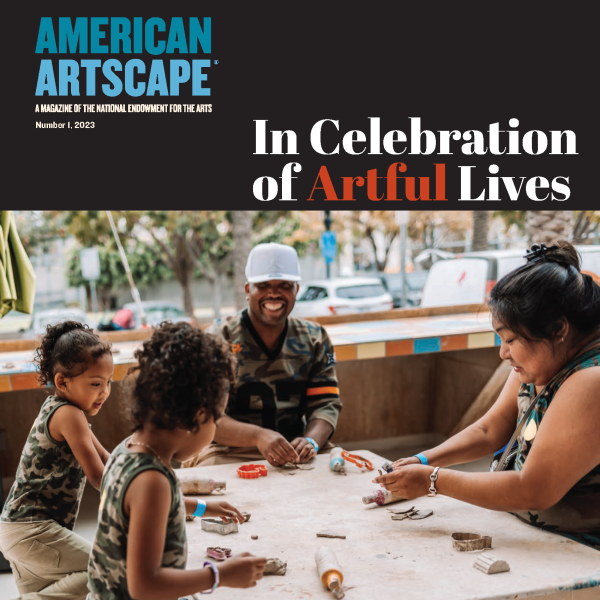 cover of issue of American Artscape In Celebration of Artful Lives with photo of family making art at an outdoor table