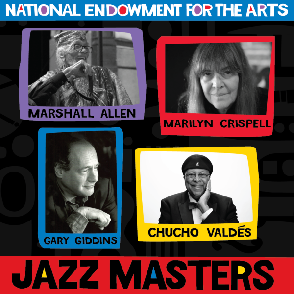 Photos of the 2025 Jazz Masters arranged in a collage with purple, red, blue, and yellow rectangles around the photos. Text reads National Endowment for the Arts Jazz Masters