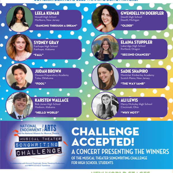 Photos of the winning songwriters alongside their names, schools, location, and song title.  Text provides the details on the concert on June 16, 2025.