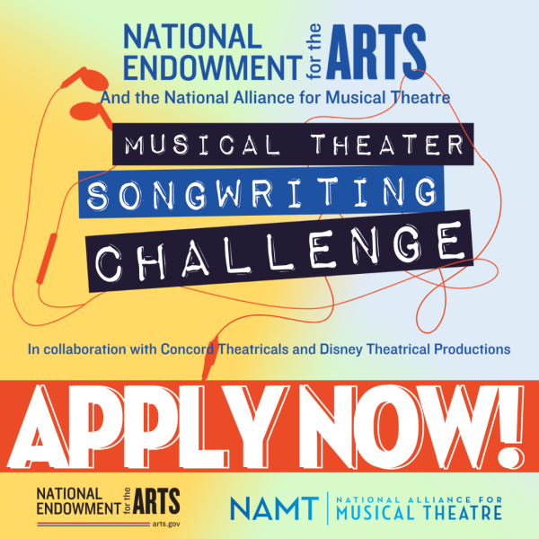 Musical Theater Songwriting Challenge Logo with text that reads Apply Now and NEA and NAMT logos along the bottom