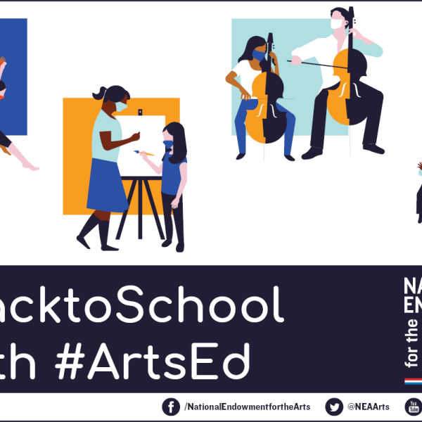 graphic showing children engaged in arts activities with teachers with text that says #BacktoSchool with #ArtsEd and the NEA logo