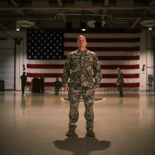 A man in a military uniform stands inside an aircraft hanger facing the camera with a giant American flag hanging in the background. 
