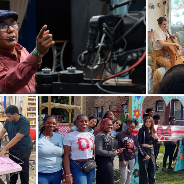 A collage of four photos shows groups of people participating in a collection of arts activities