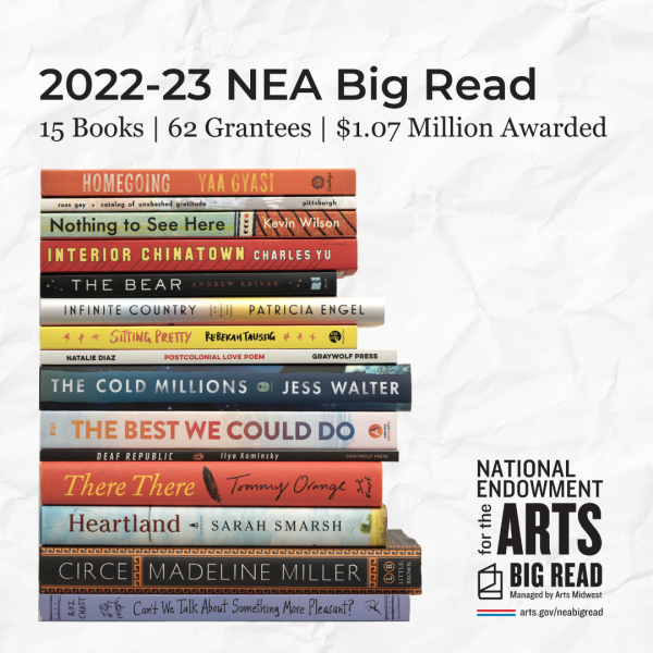 A stack of books with text: 2022-23 NEA Big Read, 15 books, 62 grantees, $1.07 million awarded