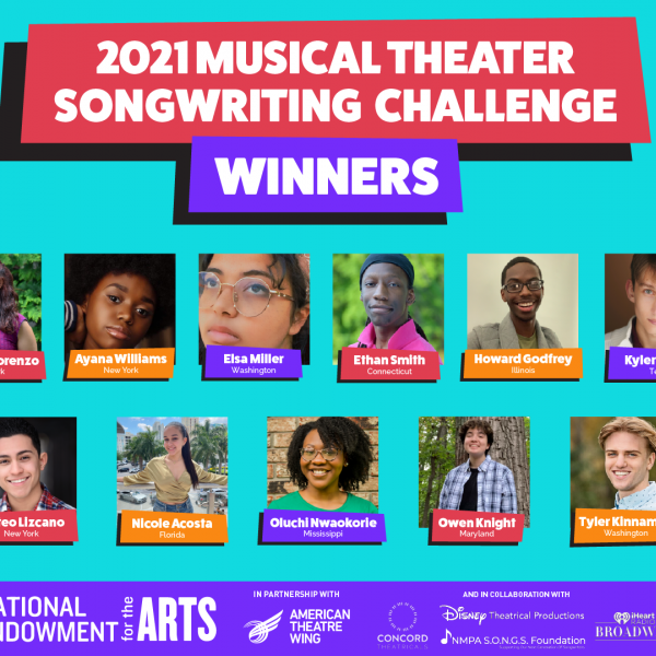 photos of 13 students are displayed on a teal background representing winners of the 2021 Songwriting challenge