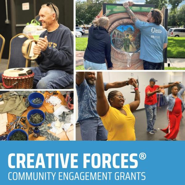 Collage of four photos showing people engaging with art-dancing, playing music, creating, and displaying visual art projects