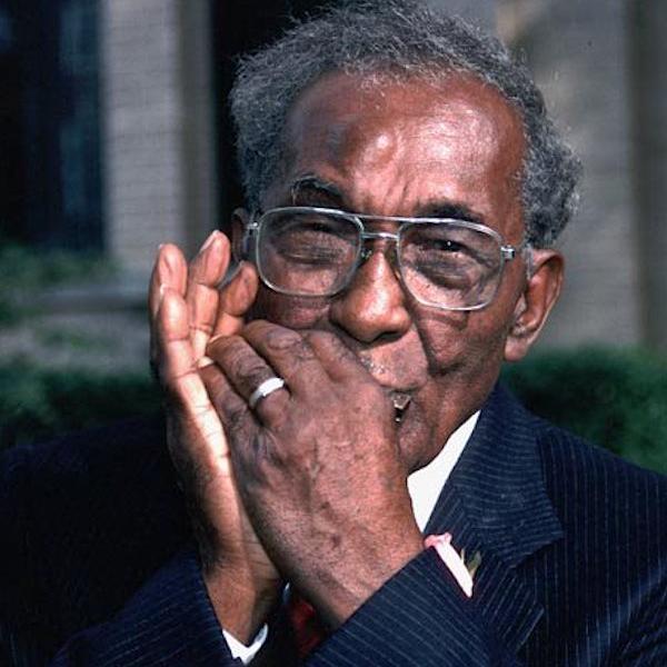 A man playinga harmonica.