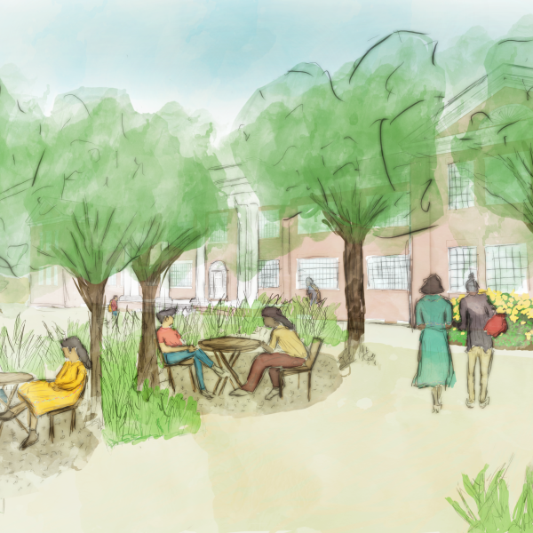 Drawing of a shady tree-lined area with people gathering there. 