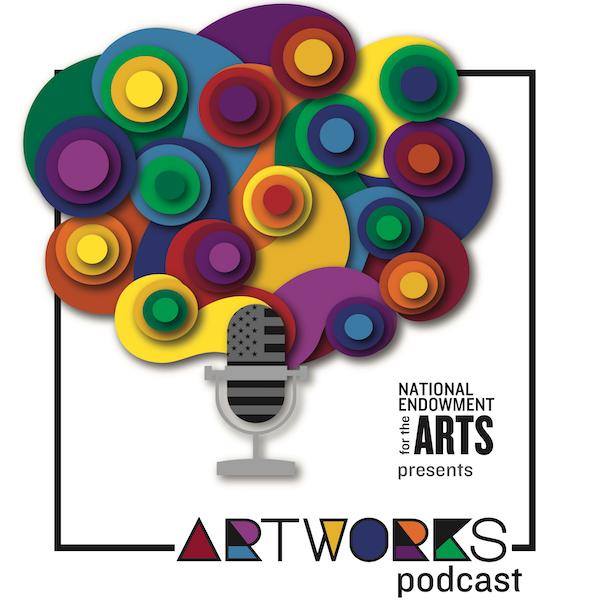 ART WORKS PODCAST logo showing a microphone with colorful plumes extending from it.