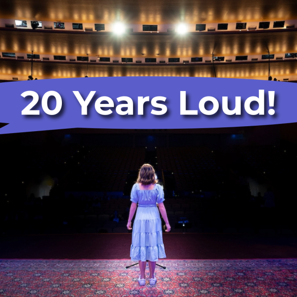 Seen from upstage, a young woman on a stage looks out at the rows of seats in an auditorium. There is also text that says 20 Years Loud