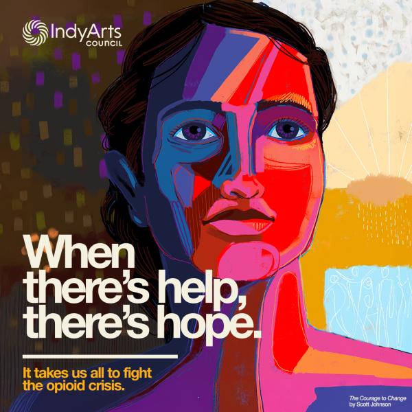Painting of a woman with text "When there's help, there's hope."