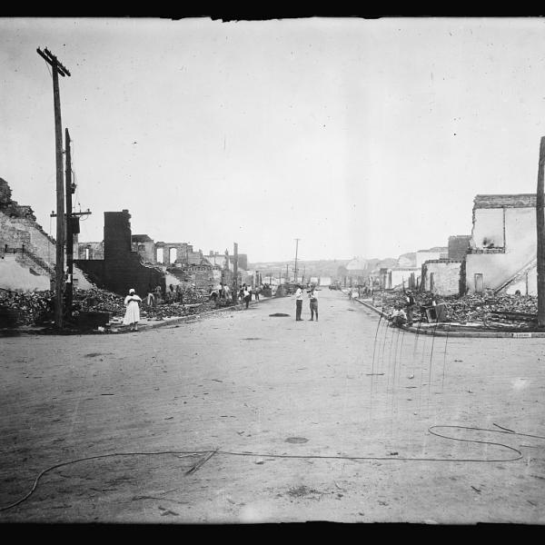 Historic photo of buildings burned down or bombed in Tulsa. 