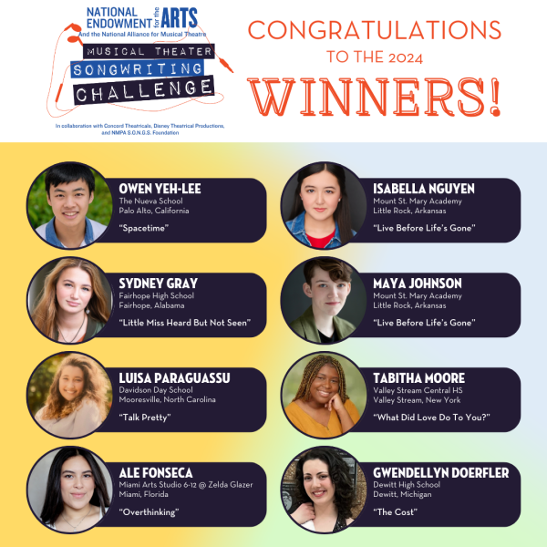 Text reading “Congratulations to the 2024 Winners!” next to the Musical Theater Songwriting Challenge Logo. Headshots of each winner with their name, song title, school, and school location