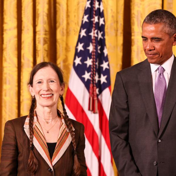Meredith Monk receives her medal from President Obama.