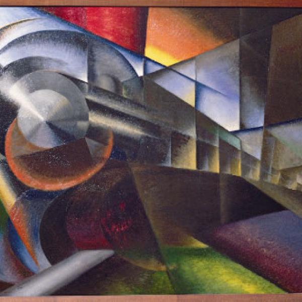 Cubist multi-colored representation of a speeding train