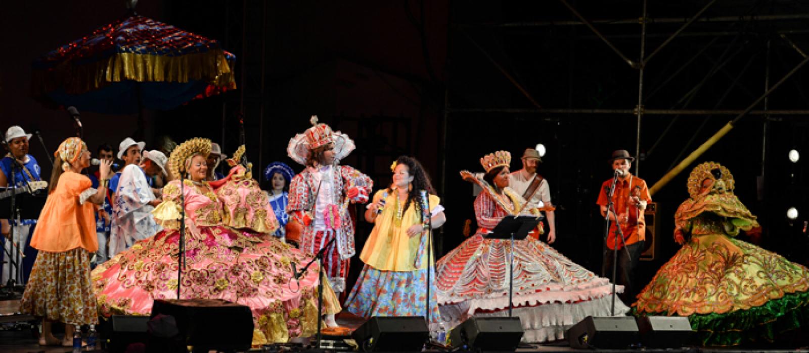 Bands playing maracatu music on stage at Lincoln Center. 