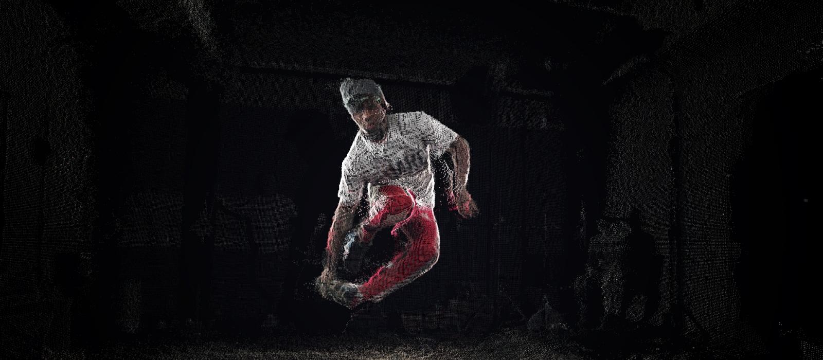 Three-dimensional representation of a Black man jumping.
