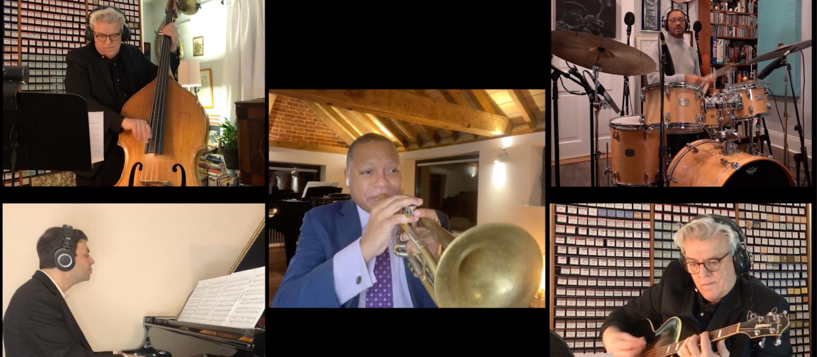 Five blocks of performers, with the trumpeter in the middle, drums and guitar to the right and bass and piano to the left.