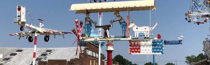 Photo of metal scupltures that move in the wind. 