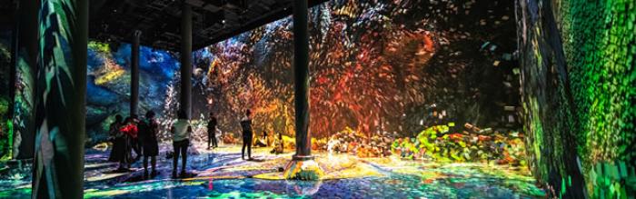 Multi-colored indoor visual projection installation taking up an entire gallery space