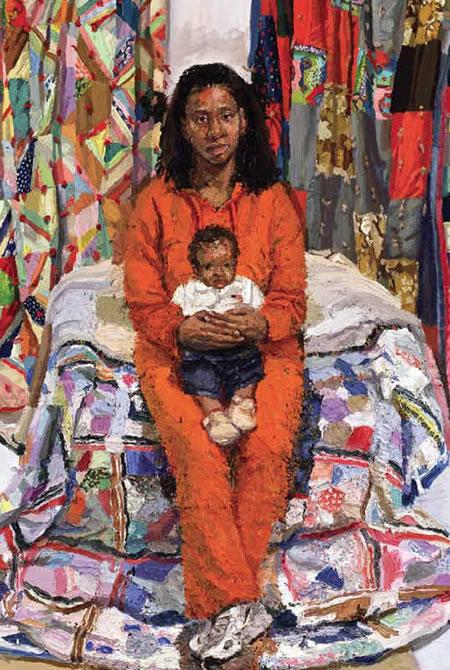 Large colorful painting of a mother on a quilted bed holding a small child in her lap. They stare straight at the viewer