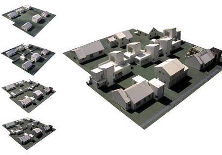 Group of modular backyard second units in "Sited in the Setback: Increasing Density in Levittown," a winning proposal by Meri Tepper from the Build a Better Burb competition. Sited in the Setback, from Designing Suburban Futures, Island Press, 2013