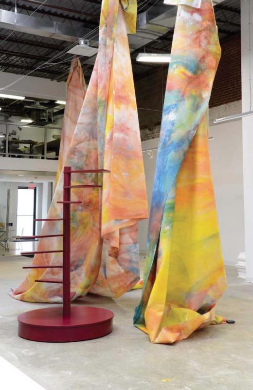 Some of Sam Gilliam's artwork hanging in his studio in Washington, DC