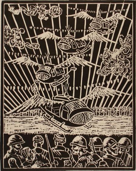 A carving of helicopters with wings over the heads of soldiers.