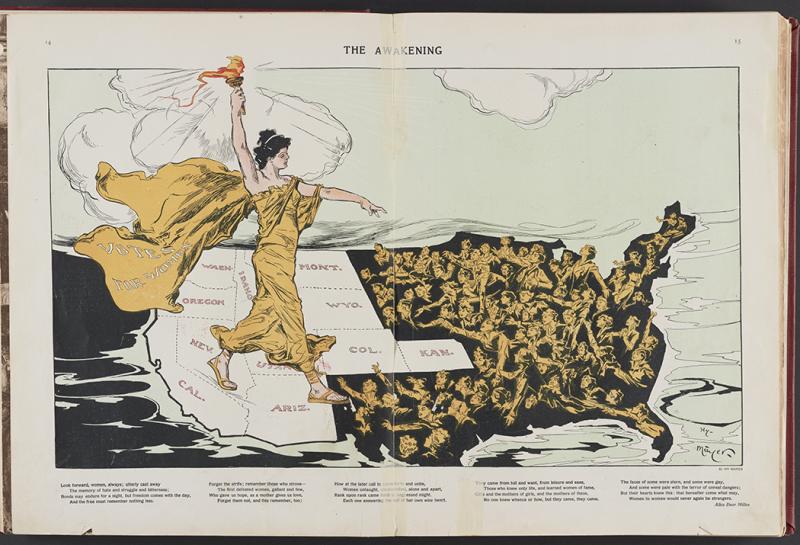 Illustration of a woman in classical garb walking across US map to bring women's suffrage to East Coast.