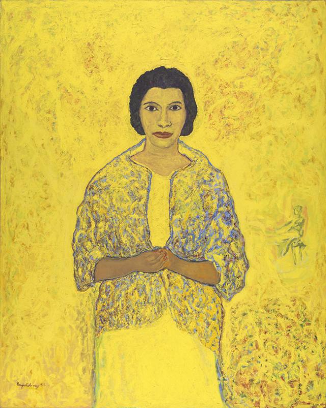 Marian Anderson by Beauford Delaney Painting of a woman wearing yellow against a yellow backdrop