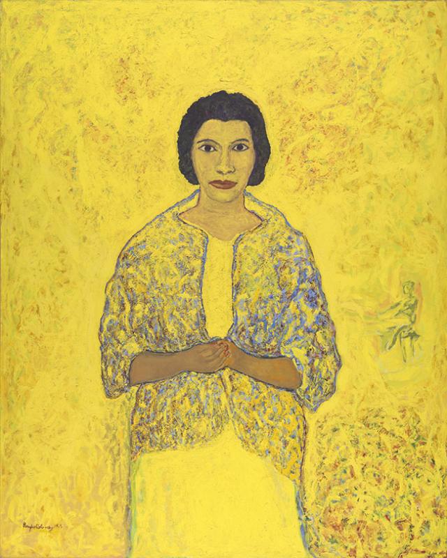 Painting of a woman wearing yellow against a yellow backdrop