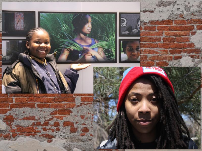 Young African-American youth standing next to his artwork; young African-American girl in red hat. 